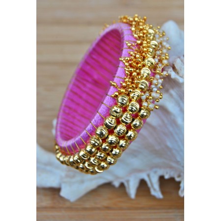 Pale Pink Silk Thread Bangles with Pearls and Ghungroos